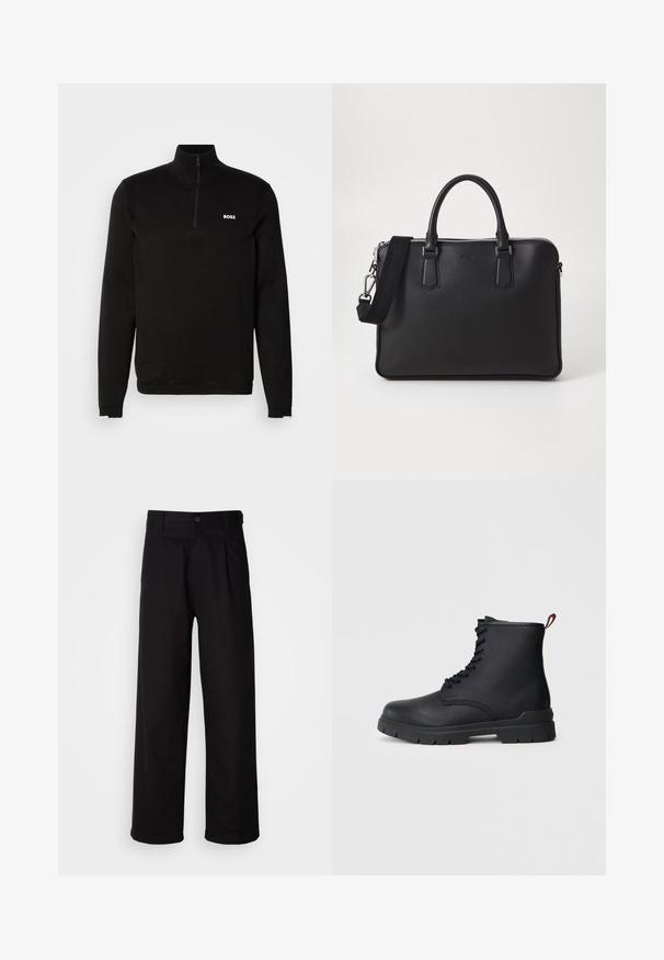 Pull-over noir à demi-zip en tissu tricoté doux. Il présente un col montant, des manches longues et un logo BOSS blanc sur la poitrine.; Pantalon noir en tissu lisse, avec une coupe droite, des plis à l'avant et une fermeture à bouton unique à la taille.; Bottine en cuir noir avec un laçage sur le devant, semelle en caoutchouc épaisse et tirant rouge à l'arrière, présentée sur un fond clair et unicolore.; Sac en cuir noir avec surface texturée, deux poignées et une bandoulière amovible. Il présente des fermetures éclair en argent et des éléments de design minimalistes.
