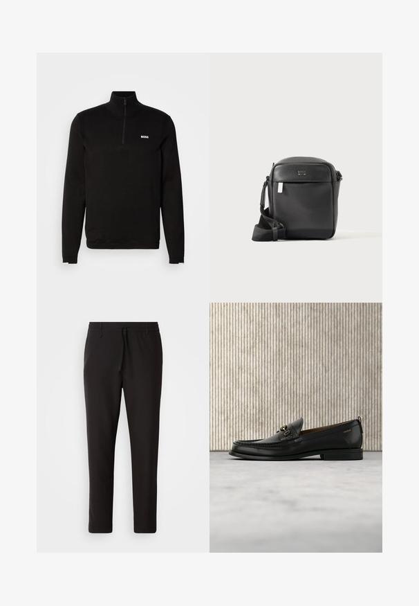 Pull-over noir à demi-zip en tissu tricoté doux. Il présente un col montant, des manches longues et un logo BOSS blanc sur la poitrine.; Pantalons de jogging noirs en tissu lisse. Dotés d'une taille élastique avec cordon de serrage, jambes fuselées, et sans poches visibles. Design simple.; Mocassin en cuir noir avec mors en métal doré et logo "HUGO", présenté sur un tapis beige et un meuble translucide marron.; Sac bandoulière en cuir noir texturé avec poche avant et sangle réglable, présenté sur un fond clair uni.