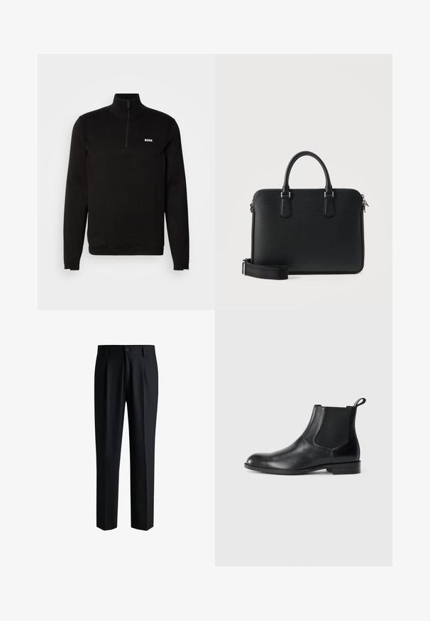 Pull-over noir à demi-zip en tissu tricoté doux. Il présente un col montant, des manches longues et un logo BOSS blanc sur la poitrine.; Pantalons noirs en tissu lisse, avec une coupe droite, des plis à l'avant et une fermeture à bouton avec passants de ceinture.; Bottine en cuir noir avec des panneaux latéraux élastiques, bout rond et tirette. Texture lisse, semelle plate, design minimaliste.; Mallette en cuir noir avec double poignée, bandoulière amovible et fermeture éclair sur le dessus, sur un fond clair uni.