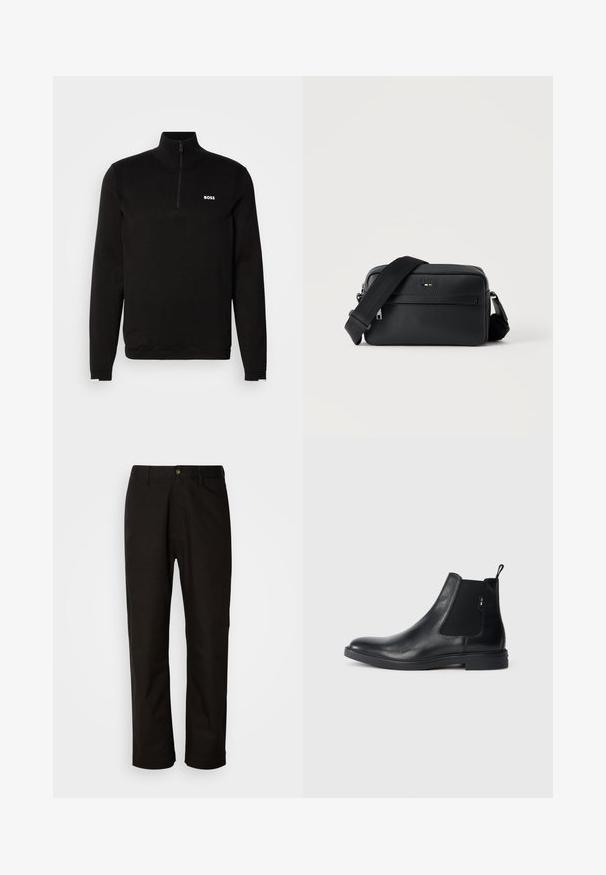 Pull-over noir à demi-zip en tissu tricoté doux. Il présente un col montant, des manches longues et un logo BOSS blanc sur la poitrine.; Pantalon en coton noir avec une coupe droite, des passants de ceinture, une fermeture éclair à l'avant et un seul bouton. Texture lisse sans motifs visibles.; Bottines Chelsea en cuir noir avec des panneaux élastiques sur les côtés, une languette arrière et une semelle en caoutchouc plate. Texture lisse avec un minimum de détails.; Sac bandoulière en cuir noir texturé avec poche avant zippée et bandoulière large en tissu réglable sur fond blanc.