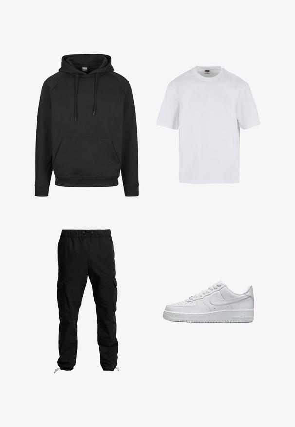 Schwarzer Kapuzenpullover mit Kängurutasche, gerippten Bündchen und Saum. Hergestellt aus weichem Stoff mit Zugkordeln an der Kapuze. Lässiges Design.; Weißes T-Shirt mit kurzen Ärmeln aus Baumwolle. Besitzt einen Rundhalsausschnitt und eine lockere Passform. Glatte Textur, minimalistisches Design, ohne Muster oder Akzente.; Schwarze Cargo-Hosen aus strapazierfähigem Stoff, mit elastischem Bund, verstellbaren Kordeln und Seitentaschen mit Klappen.; Ganz in Weiß gehaltener Low-Top Nike Air Force 1 Sneaker mit perforierter Zehenkappe, Schnürverschluss und geprägtem Nike-Swoosh an der Seite.