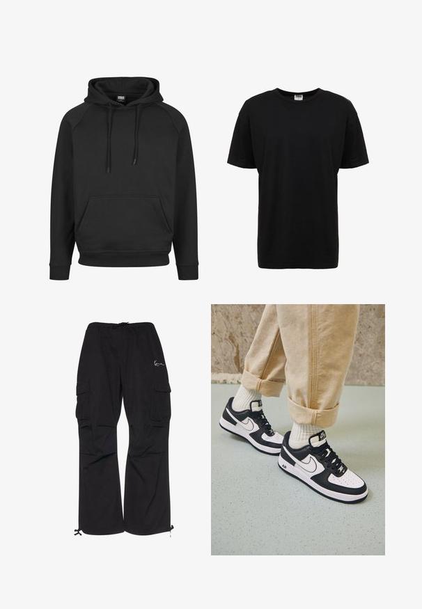 Schwarzer Kapuzenpullover mit Kängurutasche, gerippten Bündchen und Saum. Hergestellt aus weichem Stoff mit Zugkordeln an der Kapuze. Lässiges Design.; Schwarzes Baumwoll-T-Shirt mit Rundhalsausschnitt, kurzen Ärmeln, normaler Passform, glatter Textur und ohne sichtbare Muster oder Akzente.; Schwarze Cargo-Hosen aus leichtem Material, mit elastischem Bund und Kordelzug, seitlichen Taschen und verstellbaren Bündchen.; Schwarz-weiße Nike Air Force 1 Sneaker mit einem Obermaterial aus Leder, perforierter Zehenpartie und strukturiertem Sohlendesign, getragen mit aufgerollten beigen Hosen und weißen Socken.