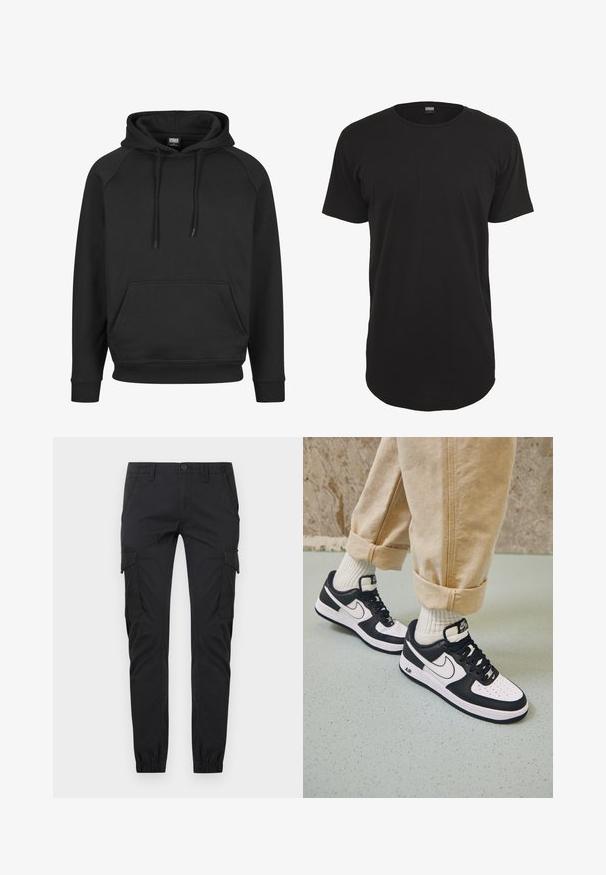 Schwarzer Kapuzenpullover mit Kängurutasche, gerippten Bündchen und Saum. Hergestellt aus weichem Stoff mit Zugkordeln an der Kapuze. Lässiges Design.; Schwarzes T-Shirt mit kurzen Ärmeln aus Baumwolle. Verfügt über einen runden Halsausschnitt und einen geraden Schnitt mit einem leicht längeren Rückenbund. Weiche Textur.; Schwarze Slim-Fit-Cargohosen mit Vordertaschen, seitlichen Klappentaschen, Gürtelschlaufen, Knopfverschluss und elastischen Bündchen an den Knöcheln.; Schwarz-weiße Nike Air Force 1 Sneaker mit einem Obermaterial aus Leder, perforierter Zehenpartie und strukturiertem Sohlendesign, getragen mit aufgerollten beigen Hosen und weißen Socken.