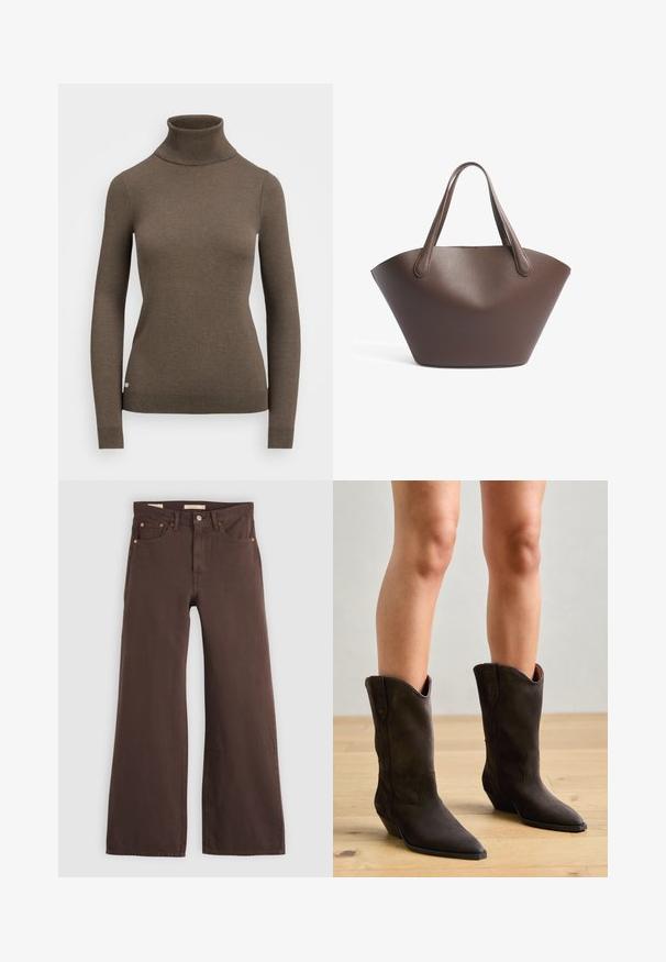 Pull à col roulé marron en matériau doux, avec des manches longues, une coupe ajustée et des détails côtelés au niveau du col et de l'ourlet.; Jeans marron à jambes larges, taille haute, cinq poches, et fermeture par bouton, posés à plat sur un fond clair.; Pavement NIKKI - Bottes de cowboy / motard - brown; Sac fourre-tout en cuir marron avec une forme large et structurée. Dispose de doubles poignées et d'une finition texturée, adapté à un usage quotidien.