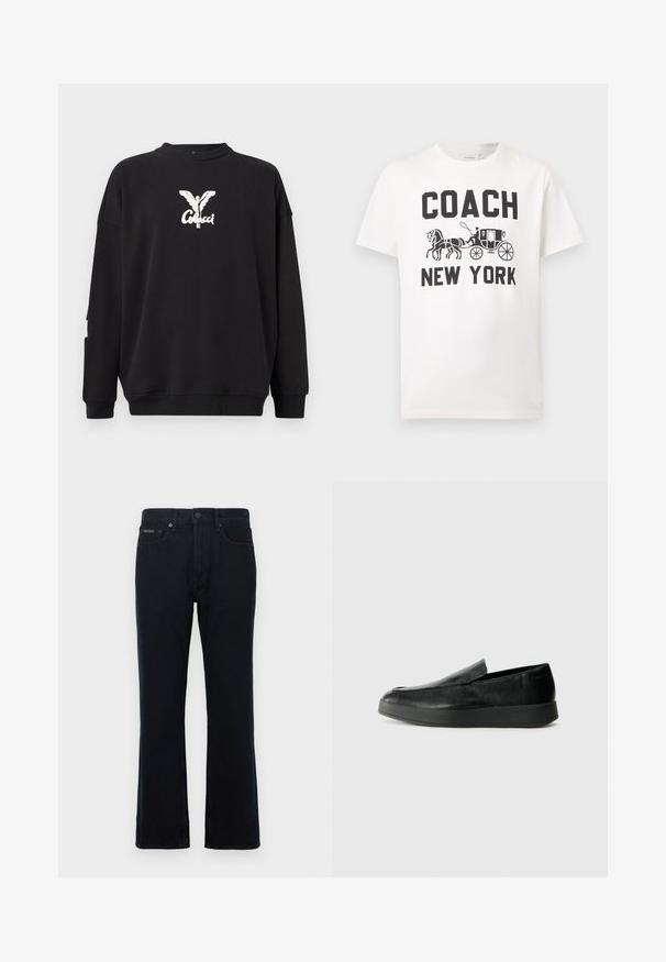 Sweat-shirt noir à manches longues avec poignets et ourlet côtelés, présentant une figure ailée blanche et le logo texte "Coilucci" centré sur la poitrine.; T-shirt blanc à manches courtes avec texte noir « COACH NEW YORK » et illustration d'une calèche tirée par des chevaux centrée sur le devant.; Jean en denim noir avec coupe droite, fermeture par bouton et deux poches avant. Le tissu a une texture lisse avec peu de détails.; Calvin Klein HYBRID CUP - Chaussons - triple black