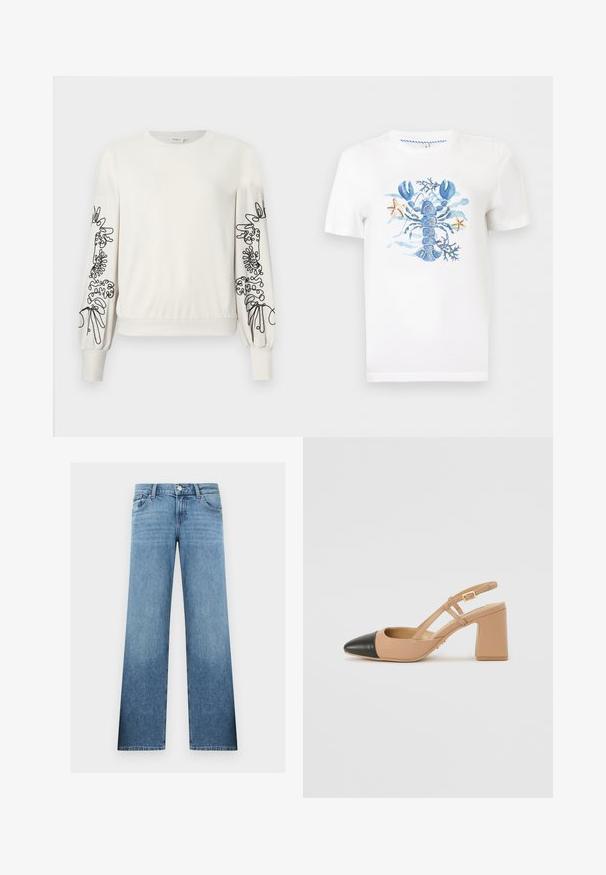Witte lange mouwen sweatshirt met zwarte abstracte bloemenborduursels op de mouwen en ribgebreide boorden en zoom.; Wit T-shirt met korte mouwen met een blauwe kreeft, zeewier en twee kleine zeesterren gedrukt in het midden aan de voorkant.; Lichtblauwe rechte spijkerbroek met knopen aan de voorkant, ritssluiting, riemlussen en voor- en achterzakken.; Beige slingback schoen met een zwarte neus, een vierkante hoge hak en twee bandaccenten, gemaakt van glad materiaal.
