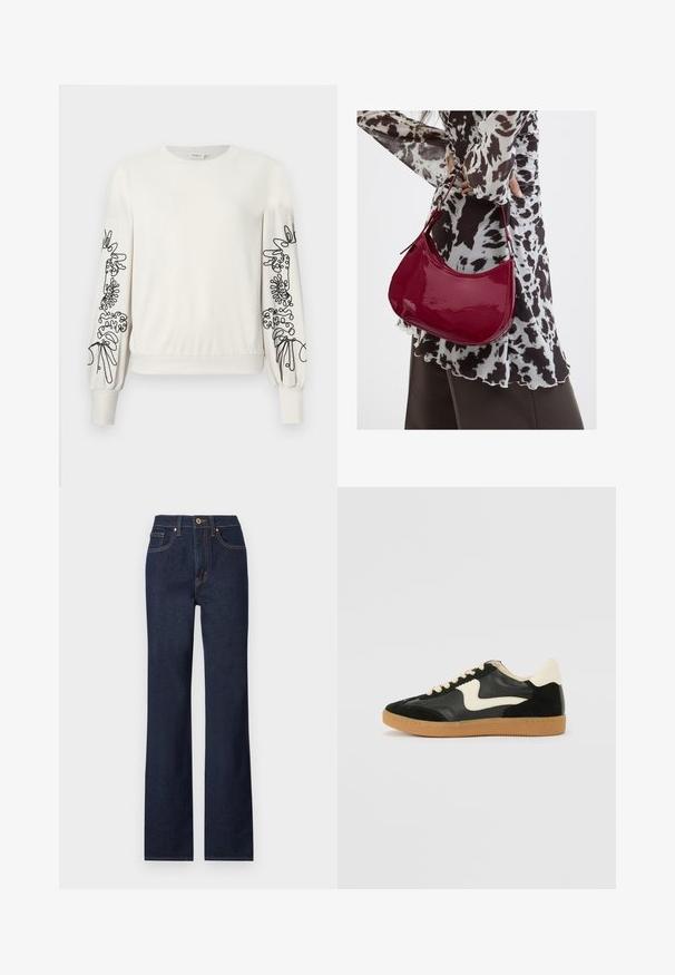 Weißer Langarm-Sweatshirt mit schwarzem abstraktem Blumendruck auf den Ärmeln sowie gerippten Bündchen und Saum.; Dunkelblaue Denim-Jeans mit geradem Bein, mit einem vorderen Knopfverschluss, fünf Taschen und kontrastierenden Nähten.; Schwarze Wildleder- und Leder-Sneaker mit einem cremefarbenen Seiten-Swoosh und einer hellcremefarbenen Ferse. Ausgestattet mit beige Schnürsenkeln und einer Gummilaufsohle.; Frau trägt eine schwarz-weiß gemusterte Bluse und hält eine glänzende rote Schultertasche vor einem einfarbigen Hintergrund.