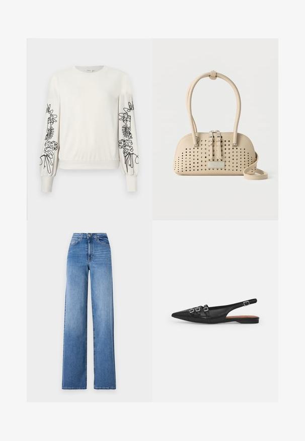 Weißer Langarm-Sweatshirt mit schwarzem abstraktem Blumendruck auf den Ärmeln sowie gerippten Bündchen und Saum.; Helleblaue, weit geschnittene Jeans aus Denim mit hoher Taille, Vorderaschen und einem normalen Knopfverschluss. Glatte Textur.; Schwarze Leder-Slingback-Ballerina mit spitzem Zeh, ausgestattet mit zwei horizontalen Riemen und quadratischen silbernen Schnallen, mit flachem Absatz und glatter Oberfläche.; Beige Lederhandtasche mit perforierten Löchern, zwei Reißverschlussgriffen, doppelten Henkeln und einem langen Riemen, vor einem einfarbigen Hintergrund stehend.