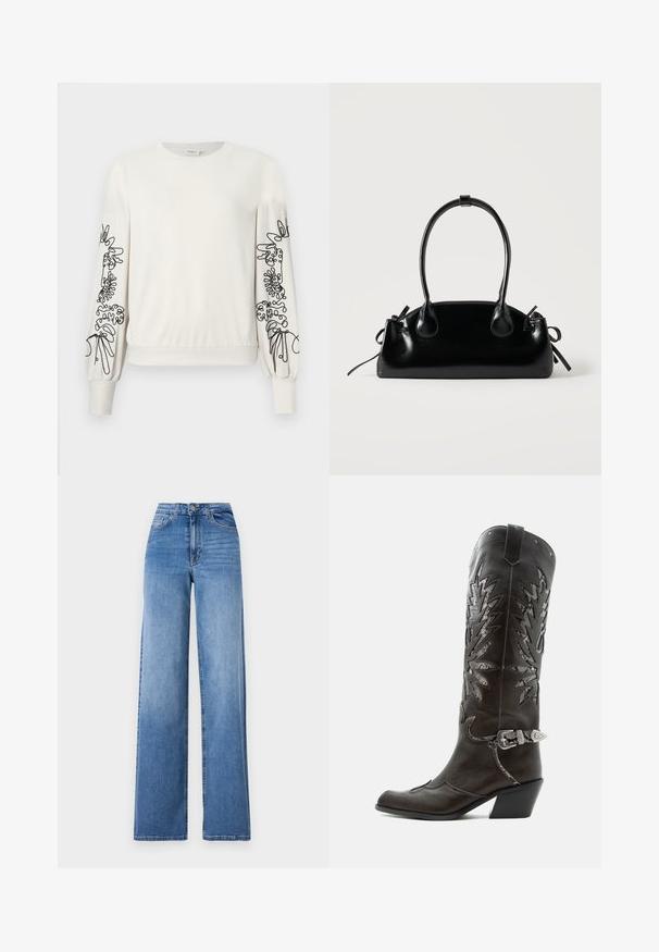Hvid langærmet sweatshirt med sort abstrakt blomsterbroderi på ærmerne samt ribbede manchetter og kant.; Lyseblå vide denimbukser med høj talje, frontlommer og standard knaplukning. Glat tekstur.; Sort læder cowboystøvle med dekorative udskæringer, sølvspænde og skrå hæl, vist på hvid baggrund.; Lille sort blank håndtaske med to lange håndtag og snøre-detaljer i siden på en ensfarvet lys baggrund.
