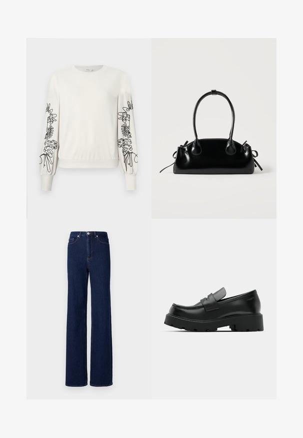 Weißer Langarm-Sweatshirt mit schwarzem abstraktem Blumendruck auf den Ärmeln sowie gerippten Bündchen und Saum.; Dunkelblaue Denim-Jeans mit hoher Taille, weitem Bein und klassischem Fünf-Taschen-Design. Abgerundet mit kontrastierenden Nähten und einem Metallknopf.; Schwarze Leder-Loafers mit einer chunky strukturierten Sohle, ausgestattet mit einem Riemen über dem Spann und einer glatten, polierten Oberfläche.; Kleine schwarze glänzende Handtasche mit zwei langen Griffen und seitlichen Kordelzug-Details vor einfachem hellem Hintergrund.