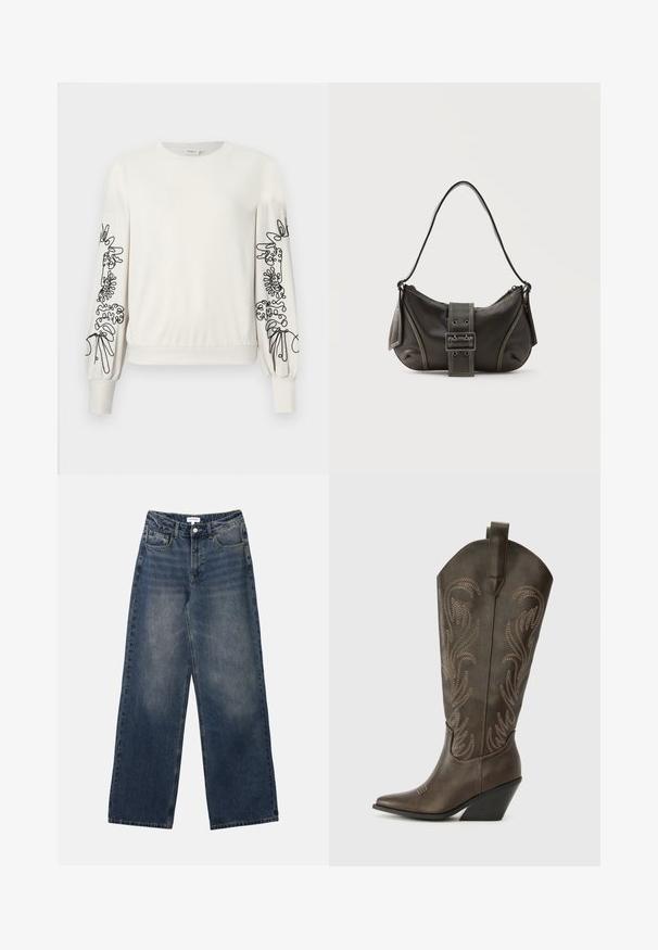 Weißer Langarm-Sweatshirt mit schwarzem abstraktem Blumendruck auf den Ärmeln sowie gerippten Bündchen und Saum.; Herrenhohe-taillierte blaue Jeans aus Denim mit weitem Bein, vorderem Knopf und Reißverschluss sowie Vorder- und Gesäßtaschen.; Braune Leder-Cowboystiefel mit einer spitzen Zehe, Wedge-Absatz und dekorativer Stickerei. Besitzt einen hohen Schaft und eine Zuglasche.; Schwarze Leder-Schultertasche mit Schnallengurt-Detail, abgerundeten Kanten und kontrastierenden weißen Nähten auf schlichtem Hintergrund.