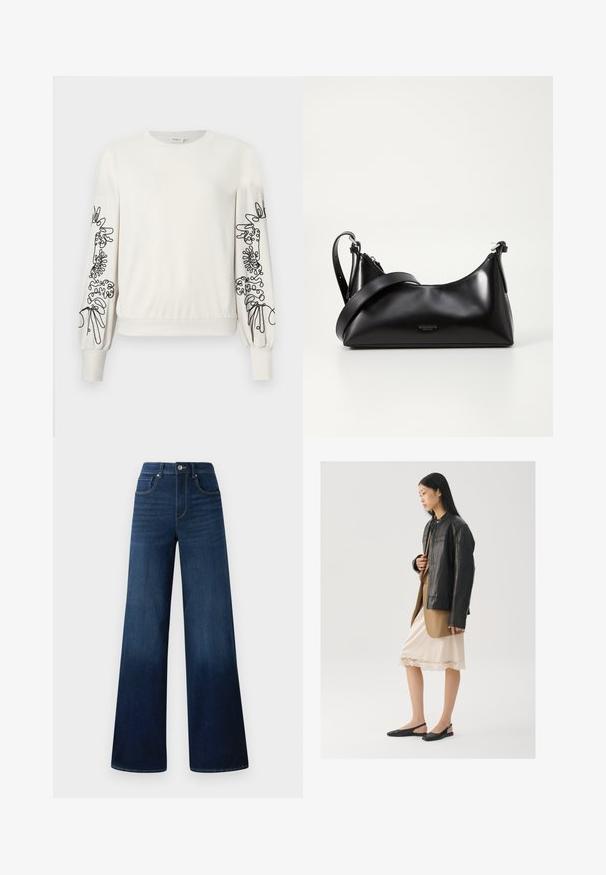 Weißer Langarm-Sweatshirt mit schwarzem abstraktem Blumendruck auf den Ärmeln sowie gerippten Bündchen und Saum.; Weite dunkelblaue Jeans aus Denim mit hoher Taille, fünf Taschen und kontrastierenden Nähten an den Nähten.; Schwarze Lederjacke über einem braunen Oberteil, kombiniert mit einem hellen cremefarbenen Slip-Kleid mit Spitzenbesatz und schwarzen Slingback-Schuhen.; Schwarze lederne Handtasche mit glatter Textur. Verfügt über einen verstellbaren Riemen und ein elegantes, minimalistisches Design mit einem Reißverschluss.