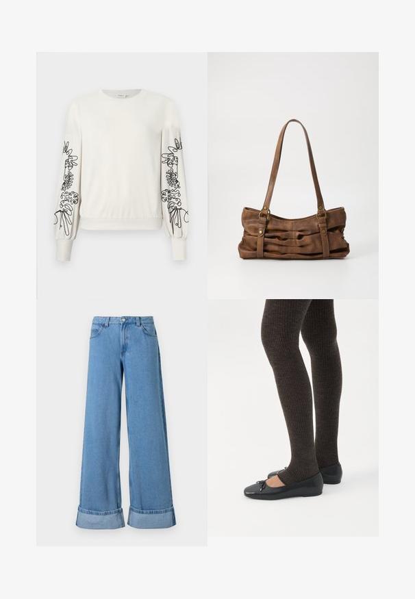 Hvid langærmet sweatshirt med sort abstrakt blomsterbroderi på ærmerne samt ribbede manchetter og kant.; Lyseblå denim bukser med vide ben har høj talje, optrillede nederkanter, fem lommer og en knaplukning med lynlås.; Ben iført mørke ribbede leggings kombineret med sorte balletsko med små sløjfedetaljer på hvid baggrund.; Even&Odd Håndtasker - brown