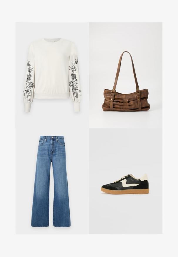 Weißer Langarm-Sweatshirt mit schwarzem abstraktem Blumendruck auf den Ärmeln sowie gerippten Bündchen und Saum.; Blaue hochtaillierte weit geschnittene Jeans mit Knopf- und Reißverschluss, Fronttaschen und dezenten Ausbleichungen im Stoff.; Schwarze Wildleder- und Leder-Sneaker mit einem cremefarbenen Seiten-Swoosh und einer hellcremefarbenen Ferse. Ausgestattet mit beige Schnürsenkeln und einer Gummilaufsohle.; Even&Odd by Zalando Handtasche - brown