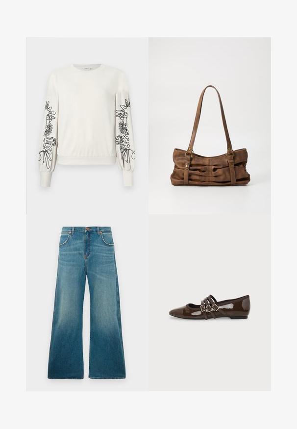 Weißer Langarm-Sweatshirt mit schwarzem abstraktem Blumendruck auf den Ärmeln sowie gerippten Bündchen und Saum.; Hochtaillierte blaue Jeans aus Denim mit weitem Bein, frontalen Taschen, Knopfverschluss und einem verblassten Farbverlauf von der Taille bis zum Saum.; Brauner Lackleder-Flachschuh mit spitzer Zehenpartie und drei verstellbaren Schnallenriemen an der Seite, von der Außenseite gezeigt.; Even&Odd Handtasche - brown