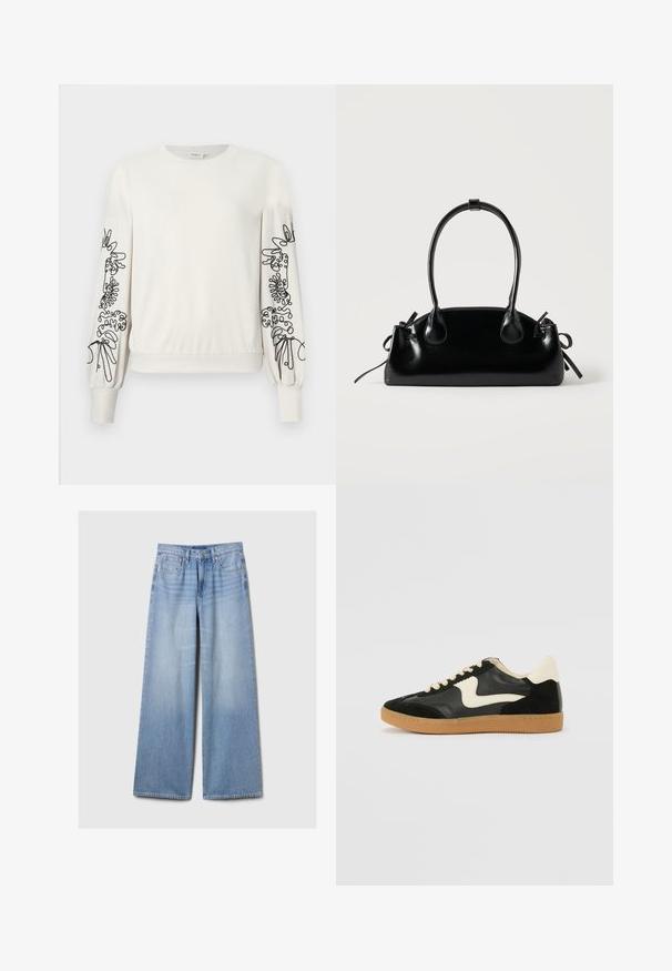 Witte lange mouwen sweatshirt met zwarte abstracte bloemenborduursels op de mouwen en ribgebreide boorden en zoom.; Lichtblauwe denim jeans met wijde benen, met voorzakken, riemlussen en een knoop- en ritsluiting.; Zwarte suède en leren sneaker met een crèmekleurige zij-swoosh en lichte crèmekleurige hiel. Voorzien van beige veters en een gumrubberen zool.; Kleine zwarte glanzende handtas met twee lange hengsels en zijkant trekkoord details op een effen lichte achtergrond.