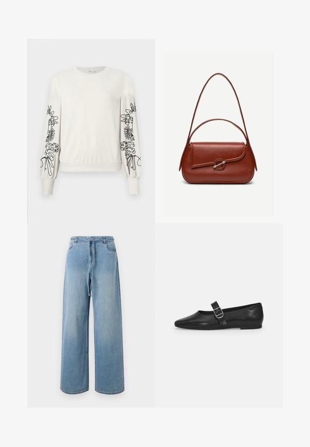 Weißer Langarm-Sweatshirt mit schwarzem abstraktem Blumendruck auf den Ärmeln sowie gerippten Bündchen und Saum.; Hellblaue Denimweitbeinhosen mit hoher Taille, featuring vordere Taschen, einem Bindegürtel und einer verwaschenen Textur.; Schwarzer Lederflatschuh mit runder Zehenform, einem verstellbaren Schnallenriemen und einer glatten, glänzenden Oberfläche. Minimalistisches Design mit einem niedrigen Absatz.; Braune Leder-Schultertasche mit abgerundeter rechteckiger Form, asymmetrischer Klappe, silbernem runden Verschluss und zwei dünnen Riemen.