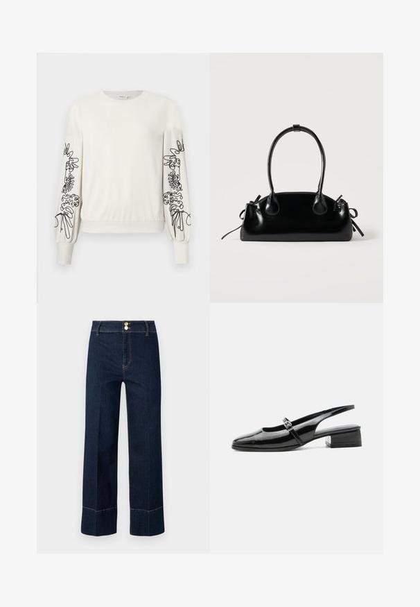 Weißer Langarm-Sweatshirt mit schwarzem abstraktem Blumendruck auf den Ärmeln sowie gerippten Bündchen und Saum.; Dunkelblaue, hochschneiderische, weit geschnittene Jeans mit doppelten goldenen Knöpfen und sichtbaren orangen Nähten auf hellem Hintergrund.; Schwarzer Slingback-Schuh aus Lackleder mit niedrigem Blockabsatz und dünnem Riemen mit silberner Schnalle oben.; Kleine schwarze glänzende Handtasche mit zwei langen Griffen und seitlichen Kordelzug-Details vor einfachem hellem Hintergrund.