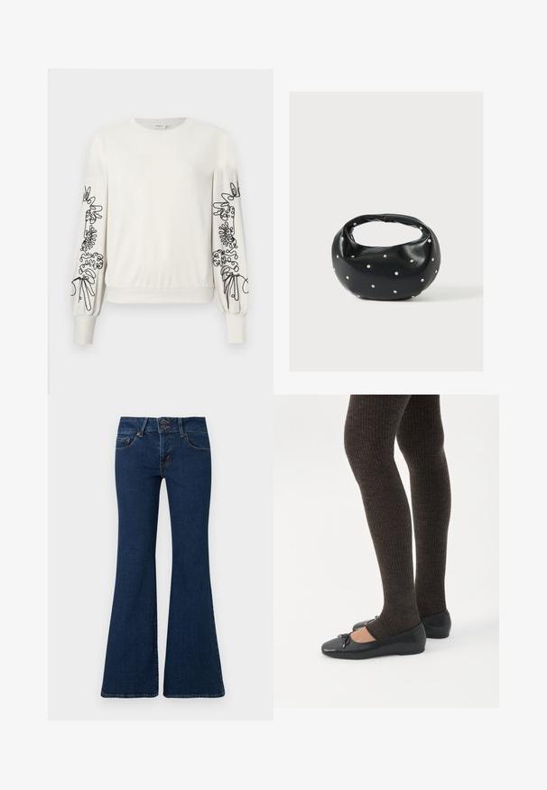 Sweatshirt blanc à manches longues avec broderie florale abstraite noire sur les manches et bord-côtes au niveau des poignets et de l'ourlet.; Jean flare bleu foncé en denim, avec fermeture éclair et double bouton, poches avant et détails cousus le long des côtés.; Jambes portant des leggings côtelés foncés associés à des ballerines noires avec de petits détails en nœud sur fond blanc.; Sac à main en cuir noir de forme arrondie, décoré de clous argentés et équipé d'une poignée courte. Texture lisse et fermeture éclair.
