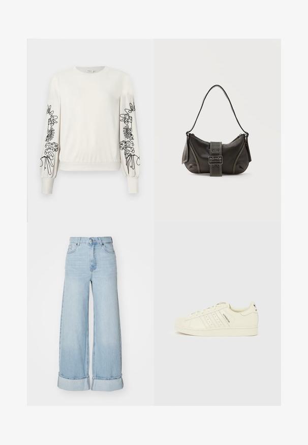 Witte lange mouwen sweatshirt met zwarte abstracte bloemenborduursels op de mouwen en ribgebreide boorden en zoom.; Lichtblauwe wijde jeans met een hoge taille, opgerolde boorden en klassieke denim structuur. Heeft voorzakken en een ritssluiting.; Roomkleurige leren sneakers met een getextureerde neuskap, voorzien van drie zijstrepen, perforaties en het woord "SUPERSTAR" aan de buitenzijde.; Zwarte leren schoudertas met gespsluiting aan de riem, afgeronde hoeken en contrasterende witte stiksels op een effen achtergrond.