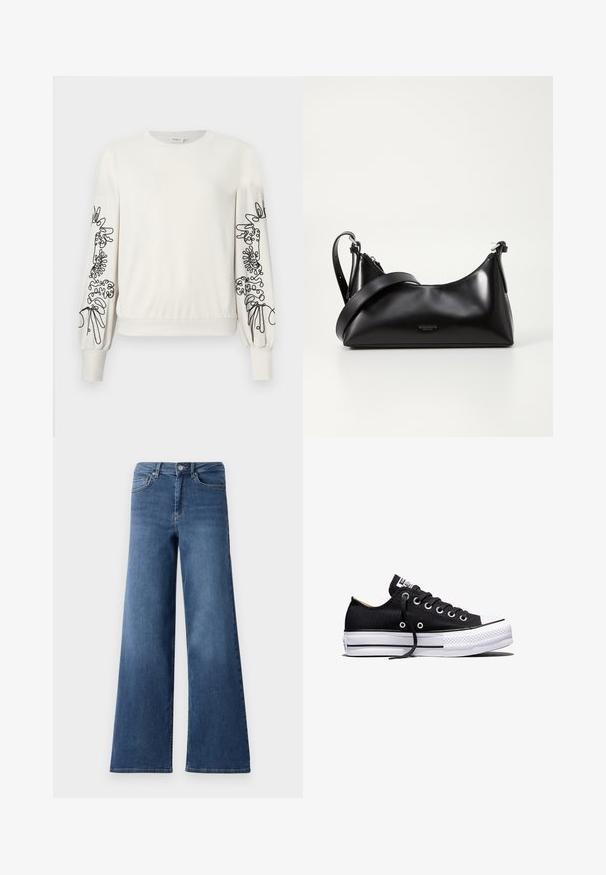 Weißer Langarm-Sweatshirt mit schwarzem abstraktem Blumendruck auf den Ärmeln sowie gerippten Bündchen und Saum.; Breite, blaue Jeans mit weitem Bein, die einen normalen Bund, Vorderaschen und eine glatte Textur aufweisen. Keine sichtbaren Muster oder Verzierungen.; Schwarzer Canvas-Sneaker in Low-Top-Form mit weißer Gummisohle auf Plateau, schwarzen Schnürsenkeln und Metallösen vor weißem Hintergrund.; Schwarze lederne Handtasche mit glatter Textur. Verfügt über einen verstellbaren Riemen und ein elegantes, minimalistisches Design mit einem Reißverschluss.