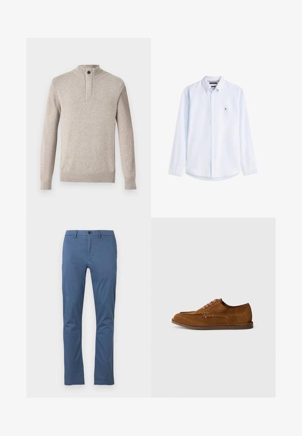 Pull en tricot beige clair avec un col montant, une patte de boutonnage à quart et des poignets côtelés. Tissu texturé avec un motif subtil sur l'ensemble.; Chemise bleu clair à manches longues, boutonnée, avec un col à boutons et un petit logo Tommy Hilfiger sur le côté gauche de la poitrine.; Pantalons en coton légers et bleus avec une coupe droite, fermeture à bouton et texture lisse. Comprend des poches avant et une finition soignée.; Chaussure en daim marron avec un bout arrondi, des coutures décoratives et six œillets de lacets contrastants. Semelle plate et design minimaliste.