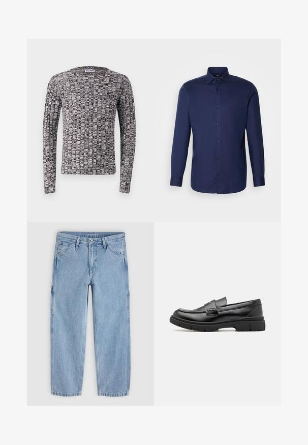 Strikket sweater med lange ærmer, der har et struktureret sort-hvidt mønster. Rund halsudskæring og tætsiddende manchetter. Materialet virker blødt og let.; Mørkeblå langærmet skjorte med knapper i et glat stof, med klassisk krave, frontknapper og rundet kant.; Lyseblå straight-leg denimjeans med frontknap, lynlås, bæltestropper og skrå forlommer på en ensfarvet baggrund.; Sort læder loafersko med en bred rem over forfoden, gummisål med tykke mønstre og glat overflade. Klassisk, slankt design.