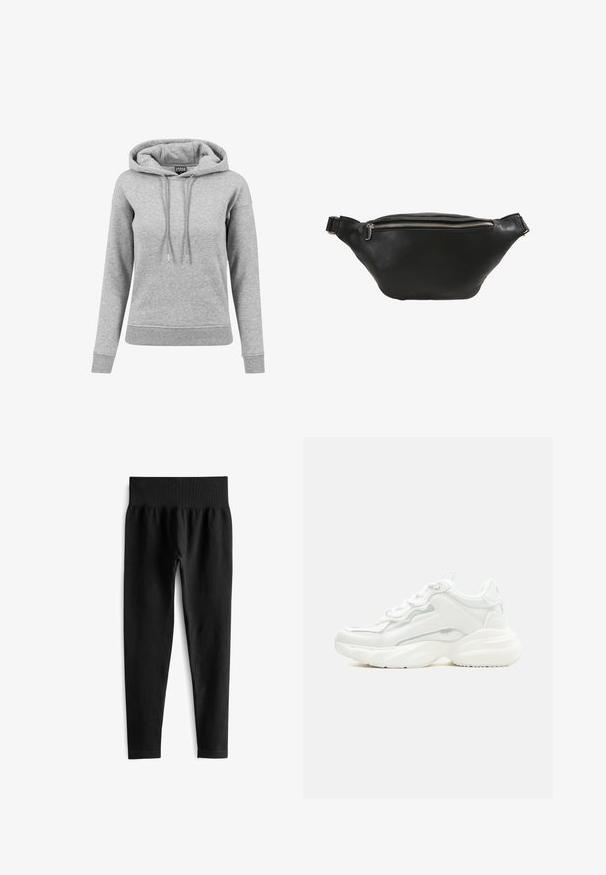 Grijze hoodie van katoen, met een trekkoordcapuchon, lange mouwen, ribbelboorden en een onderkant. Eenvoudig ontwerp zonder patronen.; Zwarte geribde leggings met een brede elastische tailleband, met een aansluitende pasvorm en een gladde textuur. Geen zichtbare hardware of patronen.; Witte chunky sneaker met dikke zool, veters aan de voorkant en een glad bovenwerk van synthetisch materiaal met subtiele stikdetails.; Zwarte leren heuptas met een gladde textuur, gebogen vorm en een zilveren ritssluiting. Voorzien van een enkele verstelbare schouderband.
