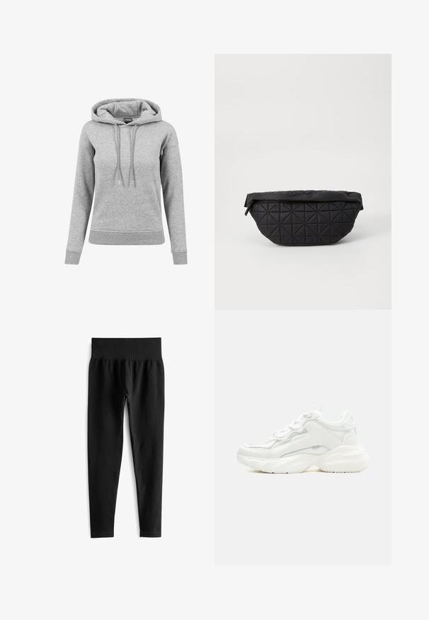 Grå hoodie lavet af bomuld, med snoretræk i hætten, lange ærmer, ribbede manchetter og en kant. Enkel design uden mønstre.; Sorte ribbede leggings med en bred elastisk talje, der har en tætsiddende silhuet og en glat tekstur. Ingen synlig hardware eller mønstre.; Hvid chunky sneaker med tyk sål, snørelukning foran og glat syntetisk overdel med subtile syningsdetaljer.; Sort quiltet taske med en blød, polstret tekstur og et vinkelret diamantmønster, med en buet silhuet og lynlåslukning.
