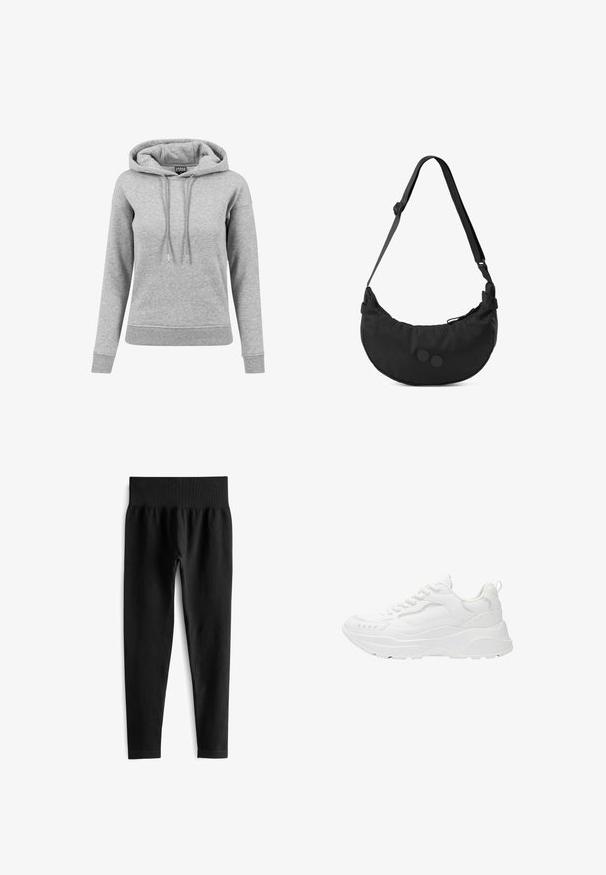 Grijze hoodie van katoen, met een trekkoordcapuchon, lange mouwen, ribbelboorden en een onderkant. Eenvoudig ontwerp zonder patronen.; Zwarte geribde leggings met een brede elastische tailleband, met een aansluitende pasvorm en een gladde textuur. Geen zichtbare hardware of patronen.; Witte sneakers met een ademend synthetisch bovenwerk, gewatteerde kraag, gemTextureerde zool en gebogen ontwerp. Kenmerkende minimalistische stiknaadaccenten.; Zwarte schoudertas in halve maanvorm met verstelbare riem en ritssluiting, voorzien van twee ronde decoratieve knopen aan de voorkant.