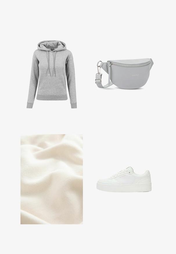 Grå hoodie lavet af bomuld, med snoretræk i hætten, lange ærmer, ribbede manchetter og en kant. Enkel design uden mønstre.; Cremefarvet, blødt stof med en glat, let struktureret overflade, der viser bløde folder og subtile farvevariationer.; Lave hvide sneakers med snørebånd foran, perforerede detaljer på tå og side samt tyk gummisål.; Grå læder bæltetaske med en buet form, lynlås lukning og justerbar rem. Indeholder et diskret brandlogo prægede på fronten.