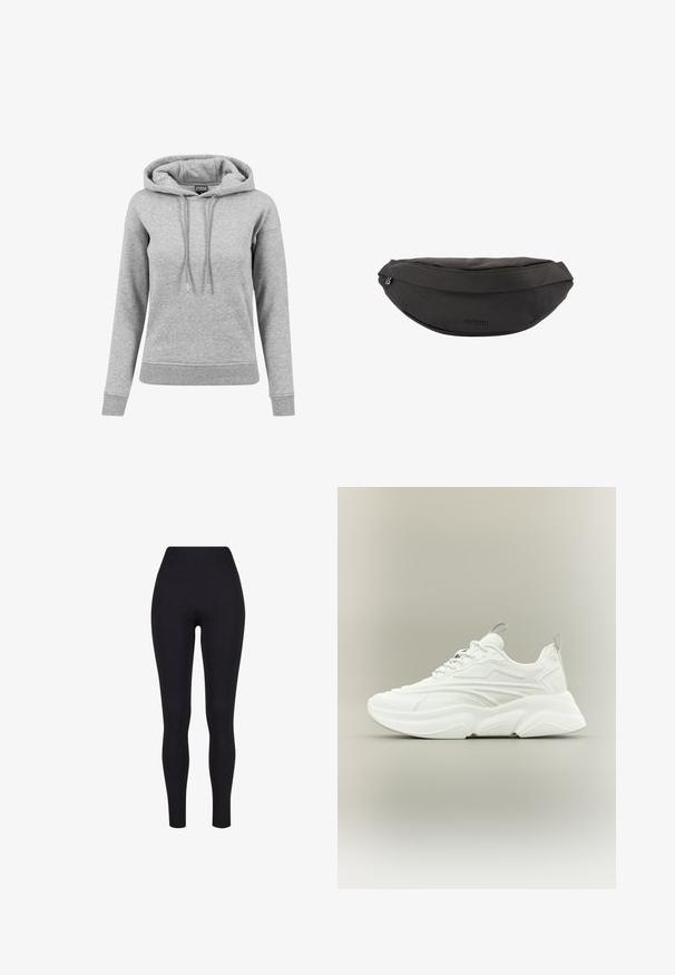Sudadera gris de algodón, con capucha ajustable, mangas largas, puños acanalados y dobladillo. Diseño liso sin patrones.; Leggings negros de talle alto, confeccionados con una tela elástica, que presentan una textura suave y un diseño ajustado sin costuras ni patrones visibles.; Zapatilla deportiva blanca con suela gruesa, parte superior de malla y sintética, cierre de cordones y pestañas para tirar en la lengüeta y el talón, vista lateral sobre fondo neutro.; Riñonera de tela negra con cierre de cremallera y logo "BOGNER" en el centro frontal.