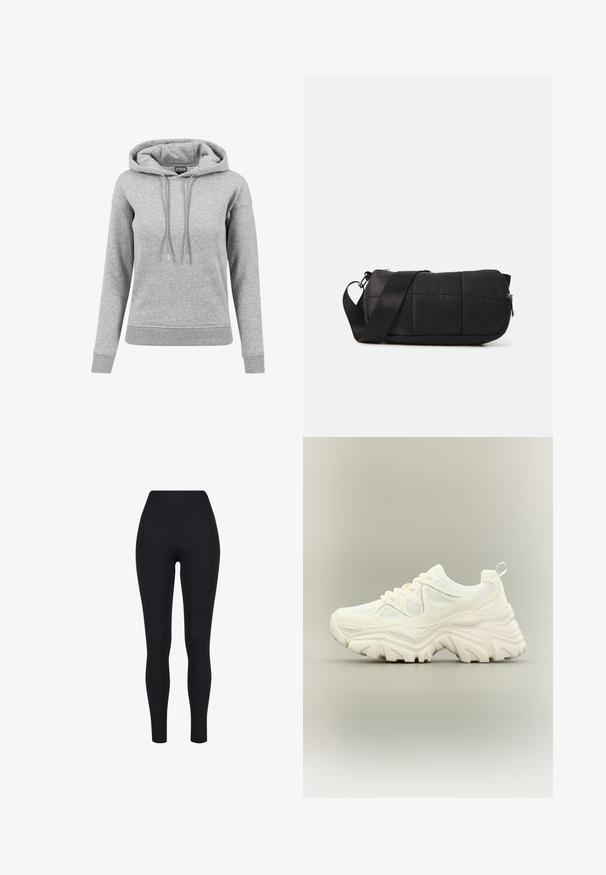 Sudadera gris de algodón, con capucha ajustable, mangas largas, puños acanalados y dobladillo. Diseño liso sin patrones.; Leggings negros de talle alto, confeccionados con una tela elástica, que presentan una textura suave y un diseño ajustado sin costuras ni patrones visibles.; Zapatilla blanca gruesa con suela gruesa y texturizada, paneles de malla, cierre de cordones en la parte delantera y tira en el talón sobre un fondo neutro.; Bolsa acolchada negra con forma cilíndrica, hecha de material suave. Cuenta con una correa negra y accesorios de metal plateado. Cierre con cremallera.