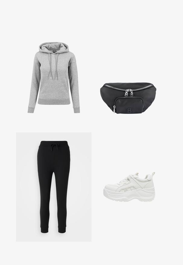 Sudadera gris de algodón, con capucha ajustable, mangas largas, puños acanalados y dobladillo. Diseño liso sin patrones.; Even&Odd Petite Pantalones deportivos - black; Zapatilla blanca y robusta con suela gruesa, cordones delanteros, cuello acolchado y lengüeta en el talón.; Riñonera de nailon negra con un compartimento principal con cremallera y un bolsillo delantero, con cremalleras plateadas y un logotipo en relieve de la letra "B".