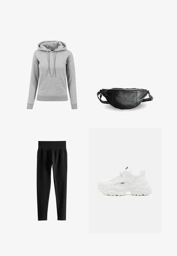 Sudadera gris de algodón, con capucha ajustable, mangas largas, puños acanalados y dobladillo. Diseño liso sin patrones.; Leggings negros acanalados de talle alto con una amplia cintura elástica, ajuste ceñido de largo completo y sin logos ni estampados visibles.; Zapatillas blancas voluminosas con parte superior de piel lisa, punta redonda y suela gruesa texturizada con un logo de la marca visible en el lateral.; Still Nordic BASIC - Riñonera - black