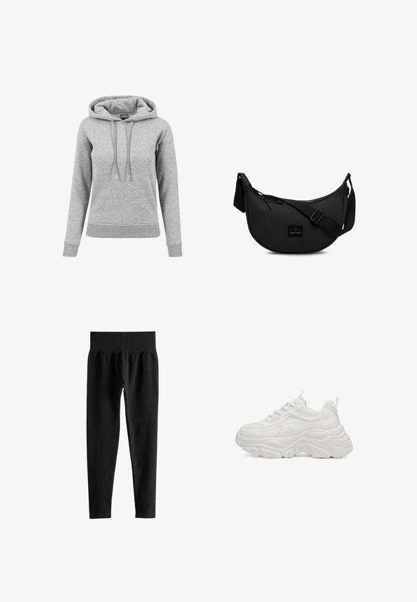 Grå hoodie lavet af bomuld, med snoretræk i hætten, lange ærmer, ribbede manchetter og en kant. Enkel design uden mønstre.; Sorte ribstrikkede leggings med høj talje, bred elastisk talje og slanke ben i fuld længde på hvid baggrund.; Hvide chunky sneakers med en tekstureret overdel, rund tå og en oversize sål. Har snørebånd, mesh-detaljer og en trækflig ved hælen.; Sort crossbody taske lavet af holdbart stof, med en rund form, justerbar rem og et logo-patch på forsiden.