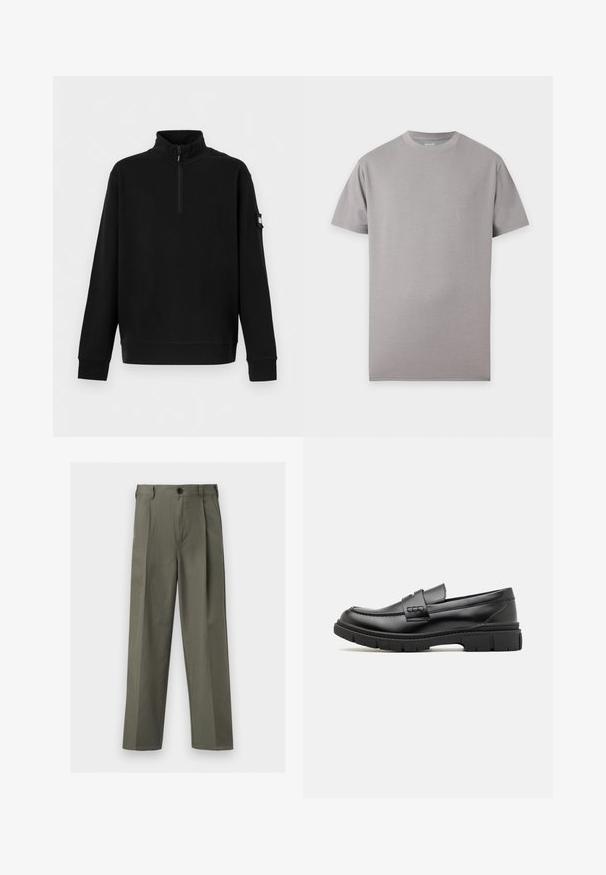 Pull-over noir à manches longues avec col montant, fermeture éclair à mi-longueur sur le devant, poignets côtelés et petite poche à patch sur la manche gauche.; T-shirt gris uni à manches courtes et col rond, posé à plat sur un fond blanc.; Pantalon vert olive à jambes droites avec passants de ceinture, bouton à l'avant et plis décoratifs.; Mocassin en cuir noir avec une large sangle sur le devant, semelle en caoutchouc à épaisse rainure, et texture lisse. Design classique et élégant.