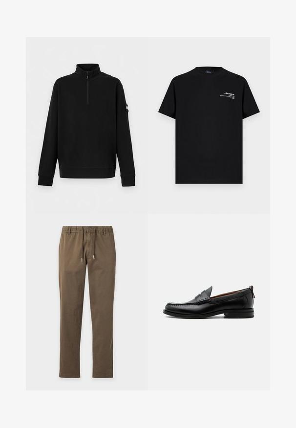 Pull-over noir à manches longues avec col montant, fermeture éclair à mi-longueur sur le devant, poignets côtelés et petite poche à patch sur la manche gauche.; T-shirt en coton noir, manches courtes, col rond, avec texte imprimé blanc sur le côté gauche de la poitrine, design simple, coupe standard.; Pantalon décontracté marron avec taille élastique, fermeture par bouton et cordon, coupe droite et texture de tissu uni.; Mocassin homme en cuir noir avec couture moc toe, bride penny, col texturé et petit talon empilé sur fond blanc.