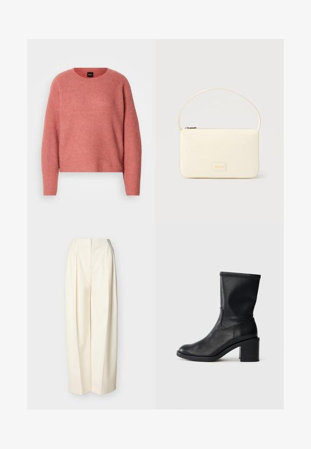 Lyserød strikket sweater med en rund halsudskæring, lange ærmer og ribbet tekstur. Har et zigzag-mønster på brystet og diskrete detaljer.; Kremfarvede bukser med højtaljet, vide ben, forlommer med folder, skjult frontlynlås og bæltestropper.; Sort læder ankelstøvle med rund tå, glat tekstur og en grov hæl, der har et tætsiddende skaft og subtil syning.; Kremfarvet rektangulær håndtaske med en enkelt rem og lynlås øverst, med en lille præget logo-plakette foran.