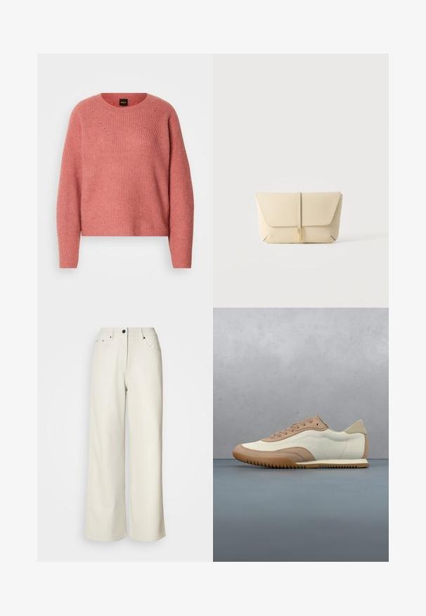 Lyserød strikket sweater med en rund halsudskæring, lange ærmer og ribbet tekstur. Har et zigzag-mønster på brystet og diskrete detaljer.; Cremefarvede bukser med brede ben lavet af glat stof. Har en mellemhøj talje, lynlås i gulvet og to frontlommer med sorte hardware accenter.; Sneaker i creme og beige med tekstureret overdel, snørebånd og gummisål, vist oven på en træoverflade med småsten.; Beige læderclutch med frontklap og vertikal stroplukning, sat mod en ensfarvet lys baggrund.