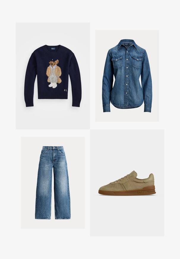 Suéter azul marino con un oso bordado en detalle, que lleva un abrigo beige y pantalones grises, con puños acanalados y un cuello redondo.; Camisa de mezclilla azul de manga larga con botones a presión de perla, dos bolsillos de solapa en el pecho y un cuello puntiagudo de Polo Ralph Lauren.; Vaqueros azules de pierna ancha con cinco bolsillos, cierre de botones y detalles descoloridos en la parte delantera y los muslos.; Zapatilla baja Polo beige con cordones en la parte delantera, parte superior de cuero texturizado y suela de goma marrón con el logo de Polo en el lateral.
