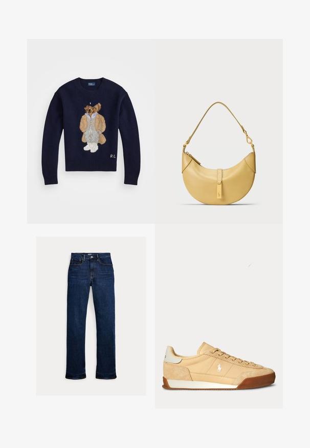 Suéter azul marino con un oso bordado en detalle, que lleva un abrigo beige y pantalones grises, con puños acanalados y un cuello redondo.; Vaqueros de mezclilla azul oscuro de pernera recta con botón y cremallera delanteros, diseño de cinco bolsillos y detalles de costuras visibles.; Zapatillas beige hechas de tejido texturizado y ante, con una suela de goma y cordones; presentan un pequeño logo en el lateral.; Bolso de cuero amarillo con forma curva, correa para el hombro y un pequeño acento metálico. Textura suave y elementos de diseño minimalistas.