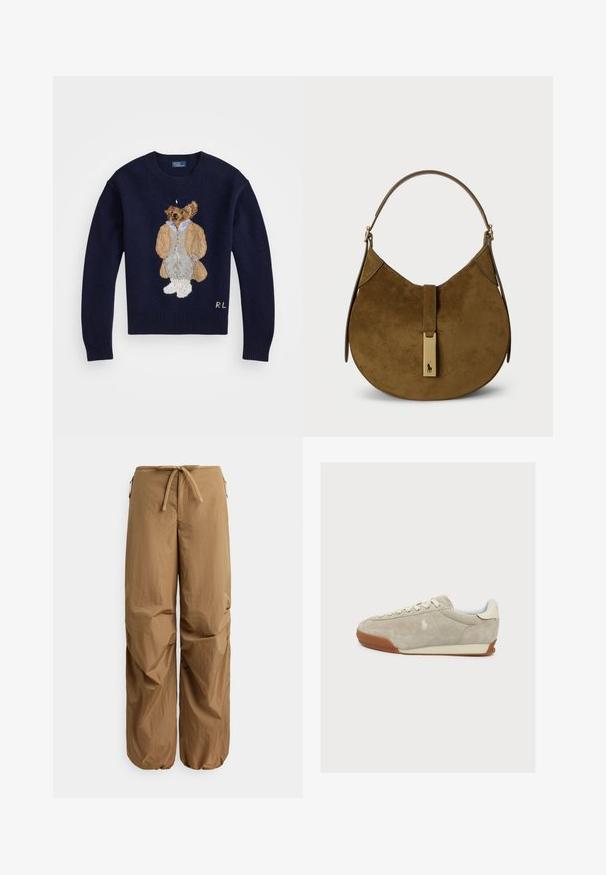 Marinblå sweater med en detaljeret broderet bjørn iført en lys jakke og grå bukser, med ribbestrikkede ærmer og rund hals.; Brune løstsiddende bukser med elastisk snørelukning i taljen, lynlåslommer i siden og elastiske manchetter ved anklerne.; Lysebeige ruskindssneaker med brunt gummisål, snørelukning foran og en broderet logo på siden, vist i højre profil.; Ruskindetaske i mørkebrun med en buet silhuet. Har en top-håndtag og et metallic logo-accents på frontlukningen.