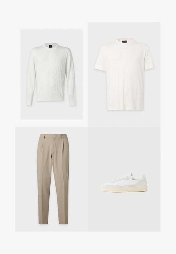 Pull blanc à manches longues avec col rond, motif en losange tricoté et poignets et ourlet côtelés, présenté sur un fond uni.; T-shirt blanc uni à manches courtes avec col en V et petit logo brodé sur le côté gauche de la poitrine.; Pantalon beige sur mesure avec plis, passants pour ceinture et jambes fuselées sur un fond clair uni.; Baskets blanches avec dessus en daim et cuir texturé. Caractérisées par un bout arrondi, une fermeture à lacets et une semelle en caoutchouc beige contrastante.