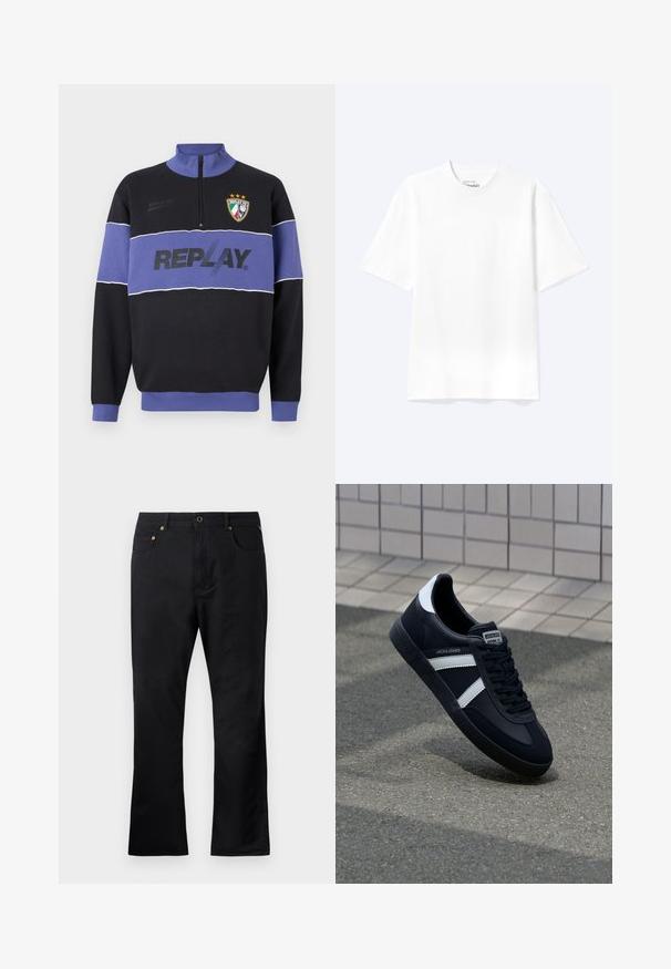 Sweatshirt noir et violet à demi-zip avec le logo "REPLAY" sur la poitrine et le blason de Replay FC avec trois étoiles en haut à gauche.; T-shirt blanc uni à manches courtes et col rond avec une coupe décontractée, présenté sur un fond clair.; Pantalons en denim noir à coupe droite, avec poches avant, fermeture à bouton et accents en métal doré. Texture lisse.; Sneaker en cuir noir avec des rayures blanches, semelle en caoutchouc texturée et devant à lacets. Présente une étiquette de marque sur la languette.