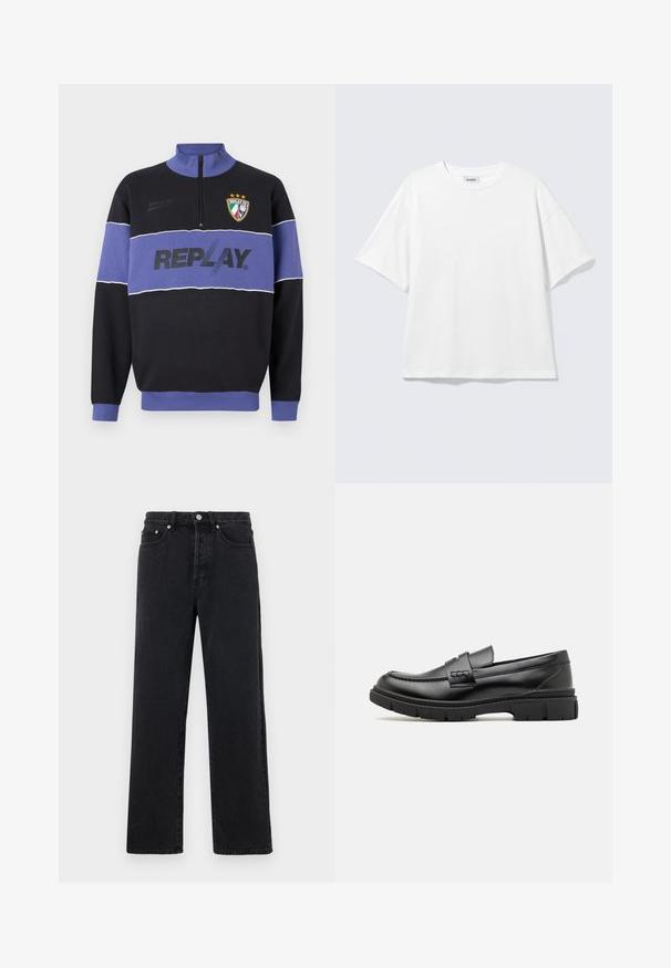 Sweatshirt noir et violet à demi-zip avec le logo "REPLAY" sur la poitrine et le blason de Replay FC avec trois étoiles en haut à gauche.; T-shirt blanc oversize à manches courtes, col rond, épaules tombantes, posé à plat sur fond gris clair.; Jean droit en denim noir avec taille haute, cinq poches et fermeture à bouton métallique. Le tissu a une texture lisse et un léger éclat.; Mocassin en cuir noir avec une large sangle sur le devant, semelle en caoutchouc à épaisse rainure, et texture lisse. Design classique et élégant.
