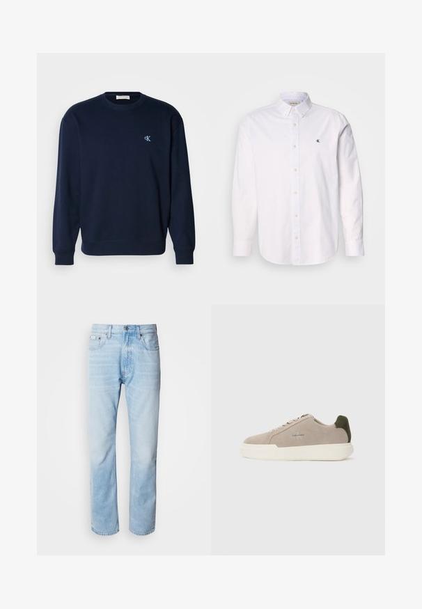 Sudadera azul marino en mezcla de algodón con puños y dobladillo de canalé. Presenta un pequeño logo azul claro en el pecho. Diseño clásico de cuello redondo.; Camisa blanca de algodón, con cuello clásico, mangas largas y un pequeño logo de CK en el lado izquierdo del pecho. Textura suave.; Vaqueros de mezclilla azul claro con corte recto, con secciones desgastadas, diseño de cinco bolsillos y cierre de botones clásico.; Zapatillas de piel de ante beige con suela de goma blanca, que presentan un acento en el talón de color verde oscuro y un sutil logo en el lateral.