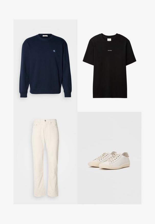 Marineblauwe sweatshirt van katoenmix met ribbelboorden en -zoom. Bevat een klein lichtblauw logo op de borst. Klassiek ronde hals ontwerp.; Zwart katoenen T-shirt met een ronde hals en korte mouwen. Voorzien van een klein wit "Calvin Klein" logo op de voorkant. Glad oppervlak, klassieke pasvorm.; Beige katoenen jeans met een klassiek recht model, met een knoopsluiting aan de voorkant, vijf zakken en subtiele stikdetails.; Witte sneakers van glad leer met ton-sur-ton stiksels, vetersluiting, ronde neus en een gestructureerde rubberen zool.