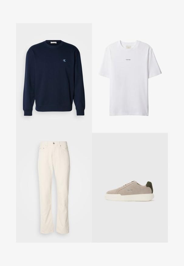 Marineblå sweatshirt i bomuldsblanding med ribbede manchetter og kant. Har et lille lyseblåt logo på brystet. Klassisk crew neck-design.; Hvid bomuld t-shirt med rund hals og korte ærmer. Har en lille sort "Calvin Klein"-logo centreret på brystet.; Beige bomuldsjeans med et klassisk lige ben-design, der har en forreste knaplukning, fem lommer og diskrete syninger.; Beige ruskinds sneakers med en hvid gummisål, der har en mørkegrøn hælaccent og subtil branding på siden.
