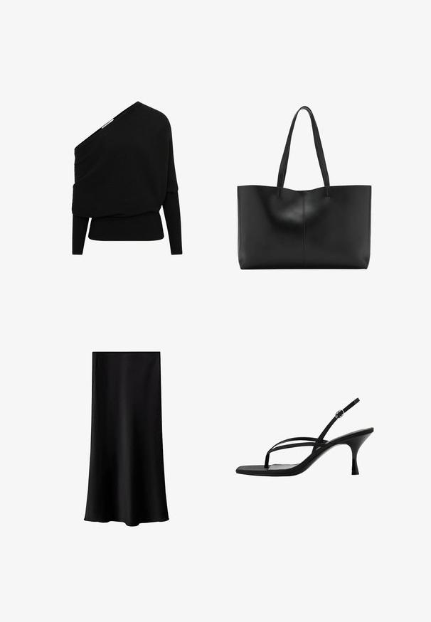 Pull noir côtelé avec un design asymétrique décolleté, des manches longues et un tissu texturé. Présente un ourlet inférieur ajusté.; Jupe midi noire en tissu lisse et léger. Présente une coupe droite, sans accessoires visibles, et un design simple sans motifs.; Sandale noire à talons hauts avec fines lanières, bride arrière à la cheville avec boucle, et talon moyen effilé.; Sac fourre-tout en cuir noir avec deux longues poignées, un design épuré et des détails de couture subtils sur la couture centrale. Texture lisse.